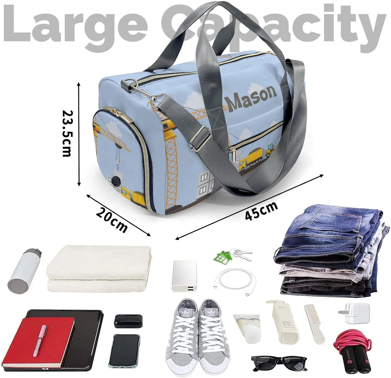Construction Machinery Crane Personalized Duffel Bag,Custom Travel Gym Bag with Name,Waterproof Sports Overnight Bag with Shoe Compartment & Shoulder Strap