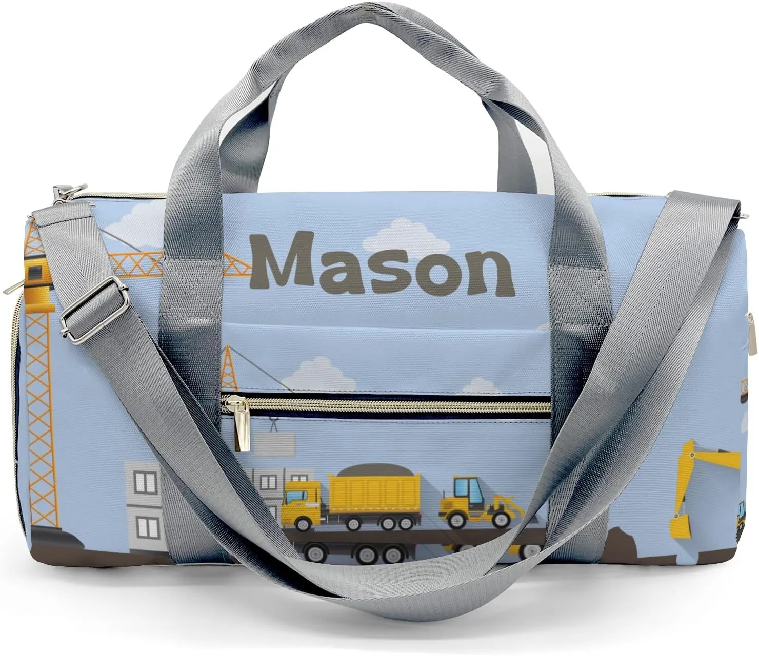 Construction Machinery Crane Personalized Duffel Bag,Custom Travel Gym Bag with Name,Waterproof Sports Overnight Bag with Shoe Compartment & Shoulder Strap