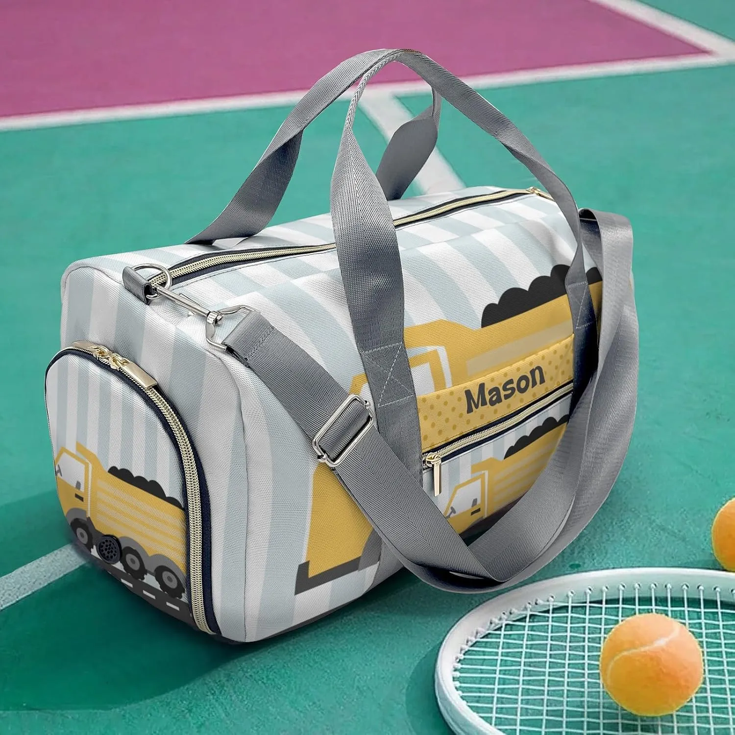 Construction Machinery Dots 1 Personalized Duffel Bag,Custom Travel Gym Bag with Name,Waterproof Sports Overnight Bag with Shoe Compartment & Shoulder Strap