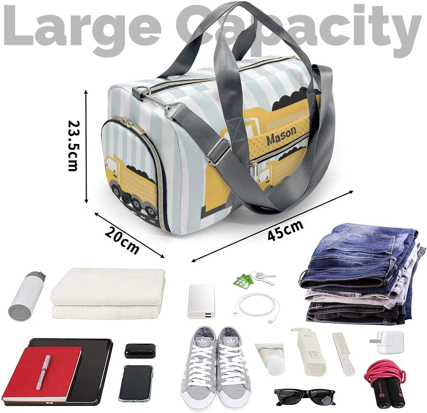 Construction Machinery Dots 1 Personalized Duffel Bag,Custom Travel Gym Bag with Name,Waterproof Sports Overnight Bag with Shoe Compartment & Shoulder Strap