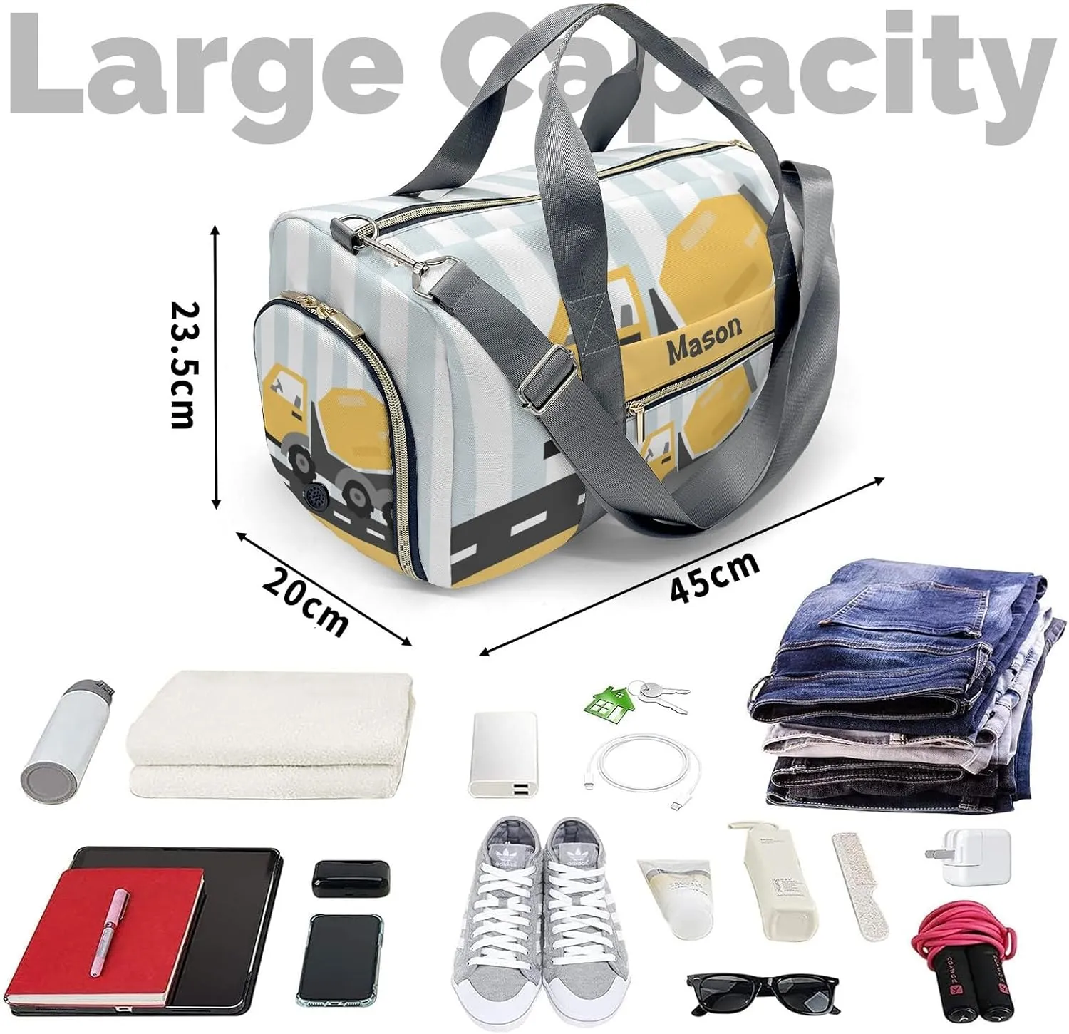 Construction Machinery Dots 2 Personalized Duffel Bag,Custom Travel Gym Bag with Name,Waterproof Sports Overnight Bag with Shoe Compartment & Shoulder Strap