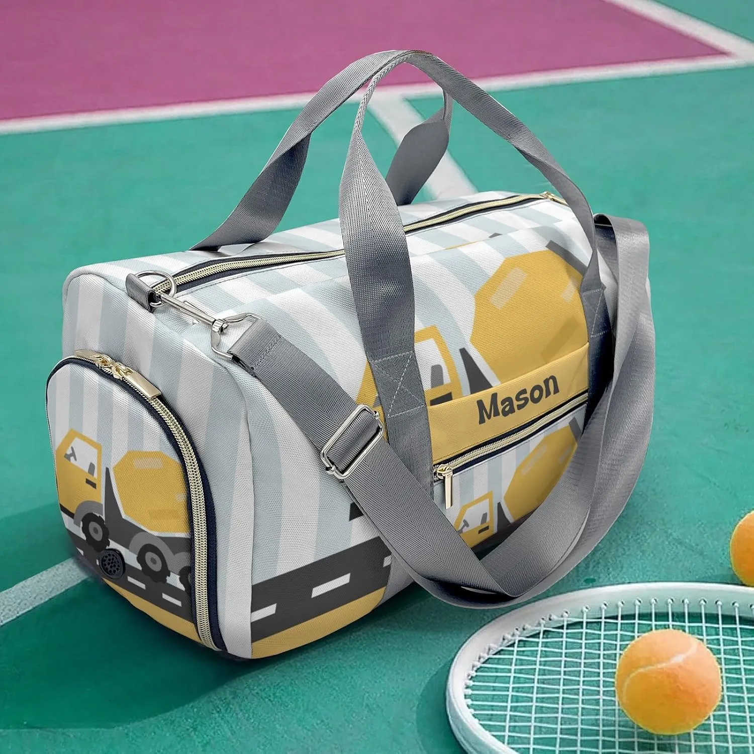 Construction Machinery Dots 2 Personalized Duffel Bag,Custom Travel Gym Bag with Name,Waterproof Sports Overnight Bag with Shoe Compartment & Shoulder Strap