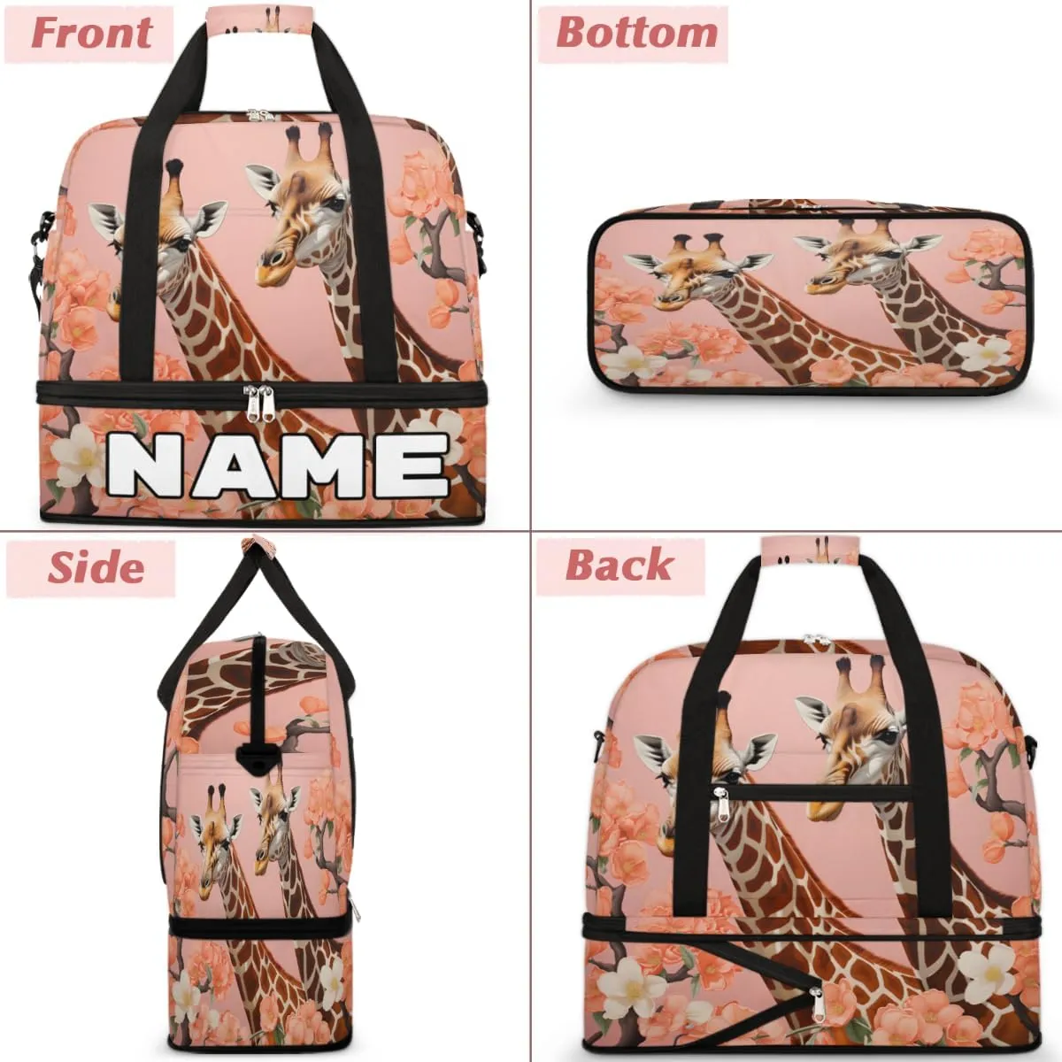 Cool Animal Giraffe Custom Foldable Duffle Bag with Shoes Compartment Personalized Large Capacity Waterproof Travel Weekender Bag Overnight Bag for Sports Gym