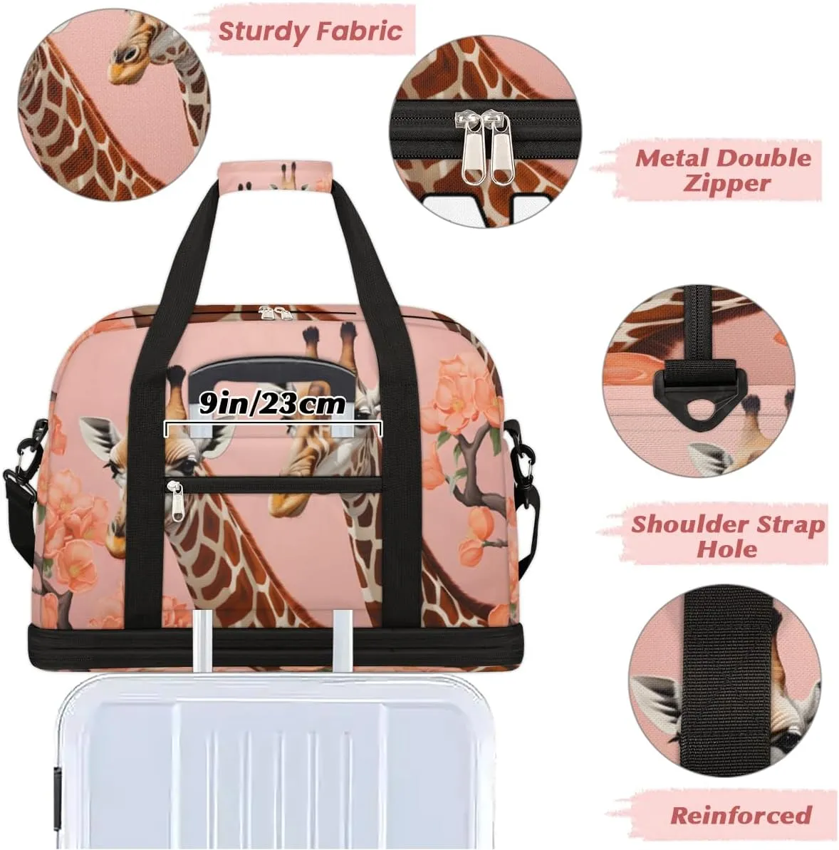 Cool Animal Giraffe Custom Foldable Duffle Bag with Shoes Compartment Personalized Large Capacity Waterproof Travel Weekender Bag Overnight Bag for Sports Gym