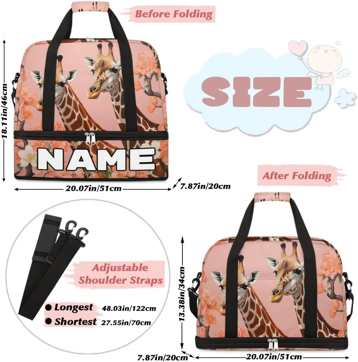 Cool Animal Giraffe Custom Foldable Duffle Bag with Shoes Compartment Personalized Large Capacity Waterproof Travel Weekender Bag Overnight Bag for Sports Gym