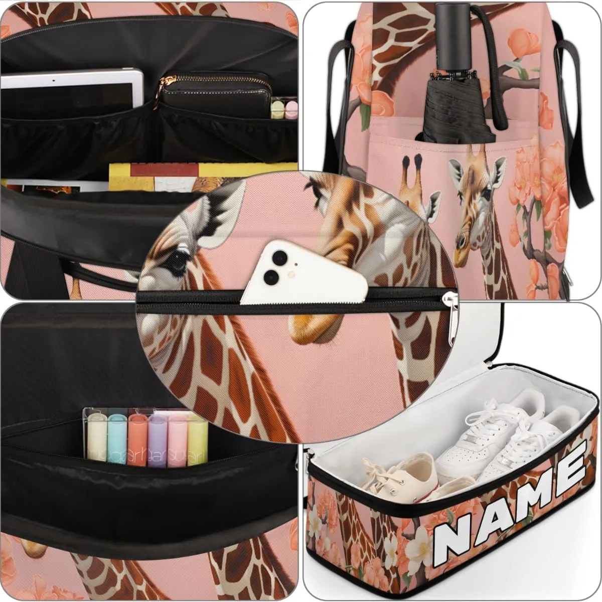 Cool Animal Giraffe Custom Foldable Duffle Bag with Shoes Compartment Personalized Large Capacity Waterproof Travel Weekender Bag Overnight Bag for Sports Gym