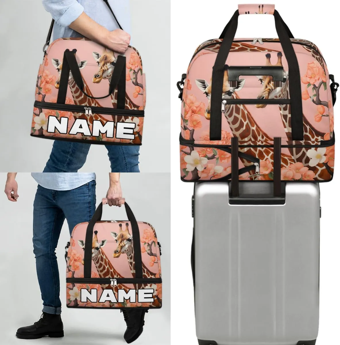 Cool Animal Giraffe Custom Foldable Duffle Bag with Shoes Compartment Personalized Large Capacity Waterproof Travel Weekender Bag Overnight Bag for Sports Gym