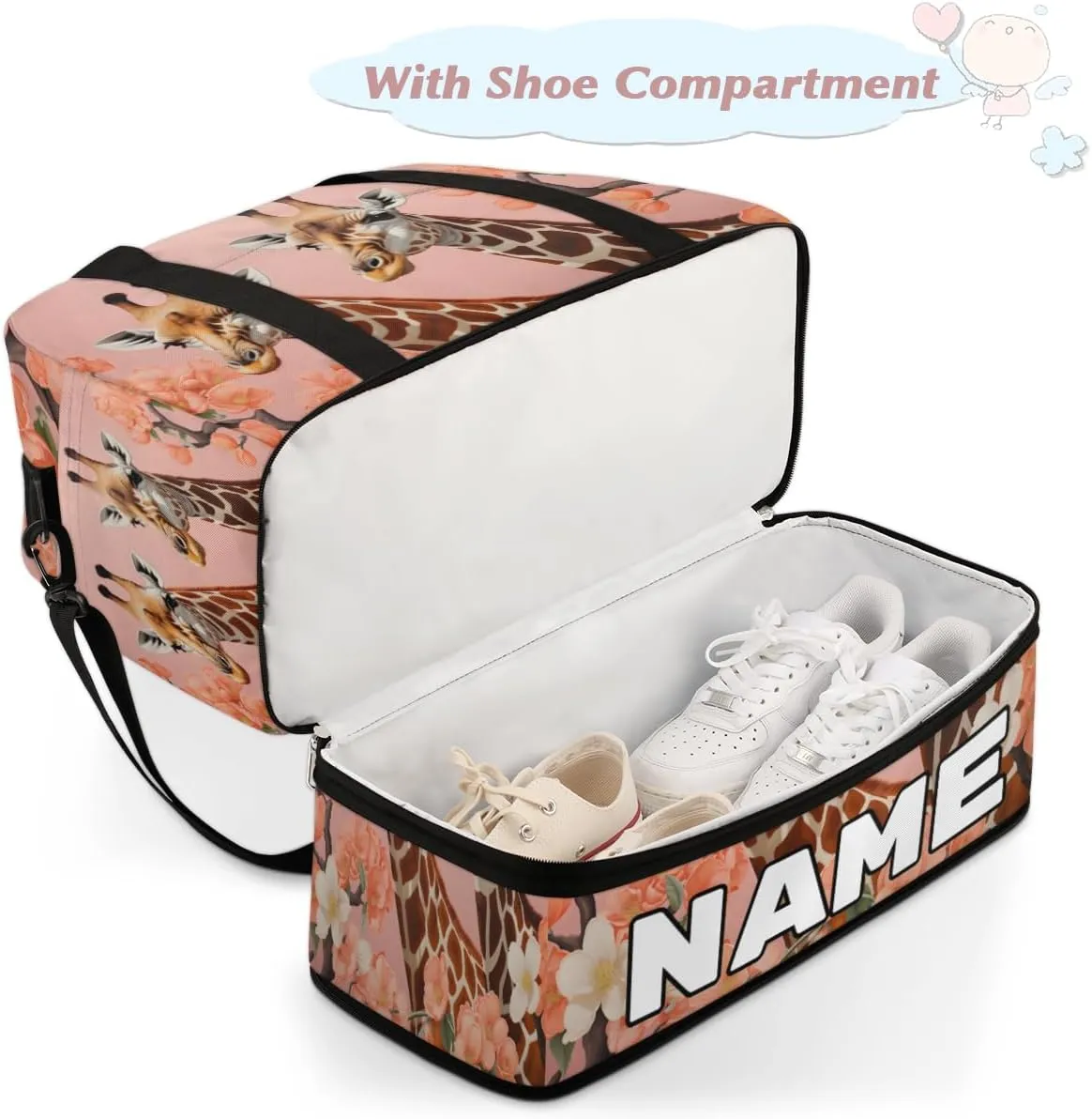 Cool Animal Giraffe Custom Foldable Duffle Bag with Shoes Compartment Personalized Large Capacity Waterproof Travel Weekender Bag Overnight Bag for Sports Gym