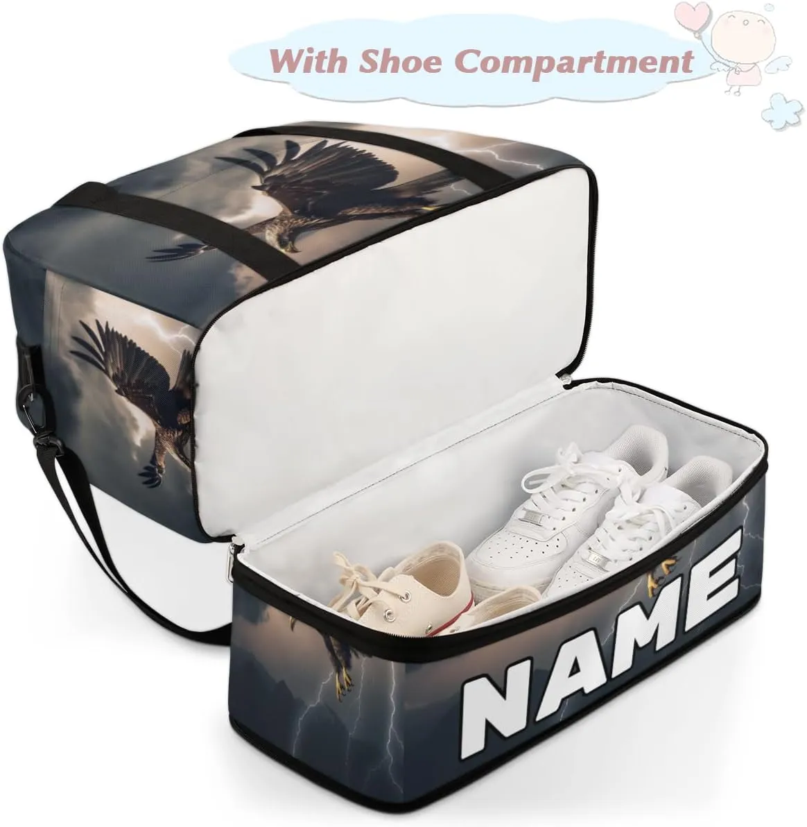 Cool Eagles Custom Foldable Duffle Bag with Shoes Compartment Personalized Large Capacity Waterproof Travel Weekender Bag Overnight Bag for Sports Gym