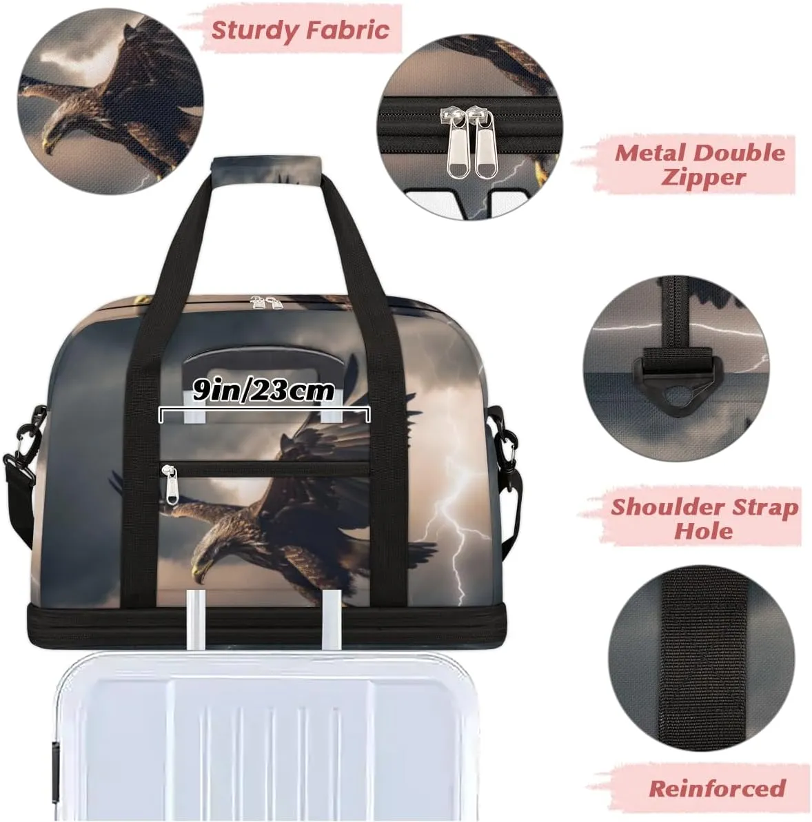 Cool Eagles Custom Foldable Duffle Bag with Shoes Compartment Personalized Large Capacity Waterproof Travel Weekender Bag Overnight Bag for Sports Gym