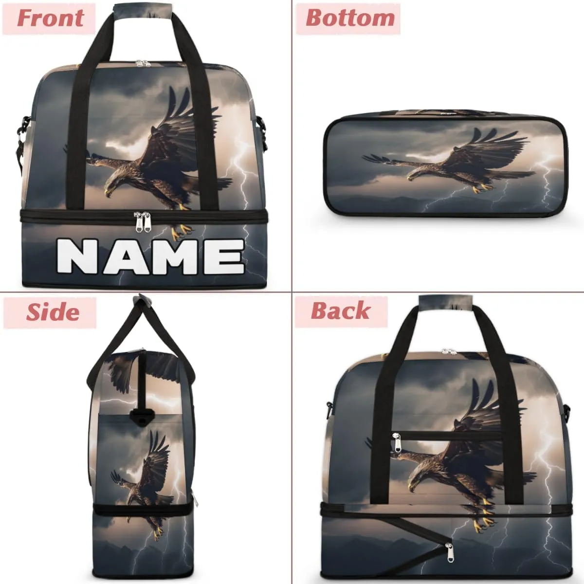 Cool Eagles Custom Foldable Duffle Bag with Shoes Compartment Personalized Large Capacity Waterproof Travel Weekender Bag Overnight Bag for Sports Gym