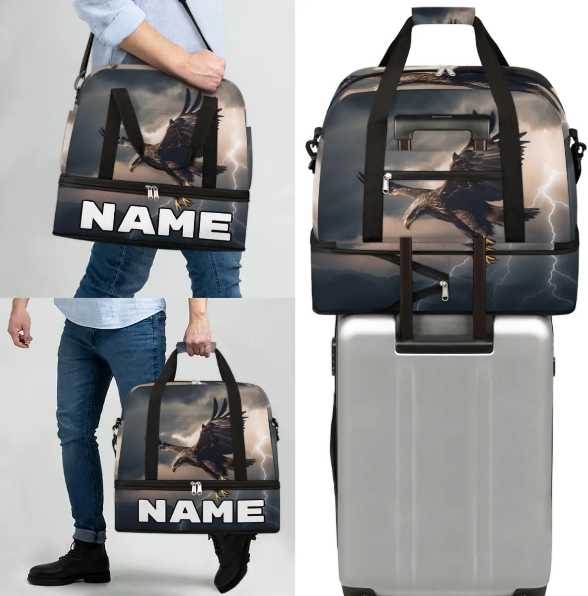 Cool Eagles Custom Foldable Duffle Bag with Shoes Compartment Personalized Large Capacity Waterproof Travel Weekender Bag Overnight Bag for Sports Gym