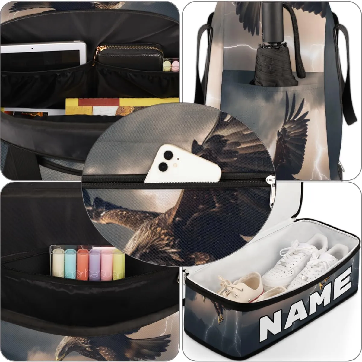 Cool Eagles Custom Foldable Duffle Bag with Shoes Compartment Personalized Large Capacity Waterproof Travel Weekender Bag Overnight Bag for Sports Gym