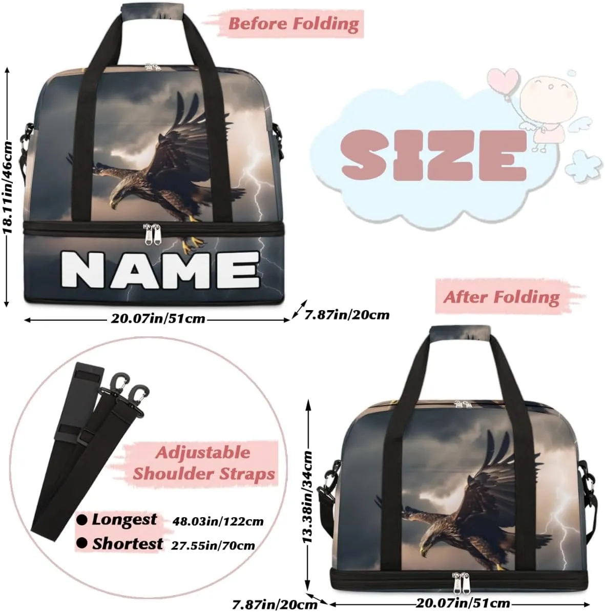 Cool Eagles Custom Foldable Duffle Bag with Shoes Compartment Personalized Large Capacity Waterproof Travel Weekender Bag Overnight Bag for Sports Gym