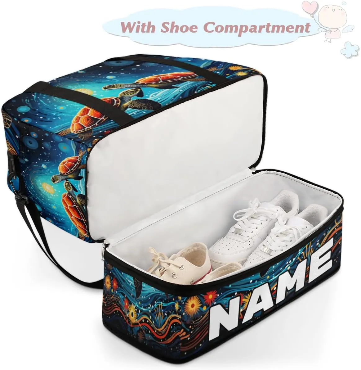 Cool Galaxy Turtle Custom Foldable Duffle Bag with Shoes Compartment Personalized Large Capacity Waterproof Travel Weekender Bag Overnight Bag for Sports Gym