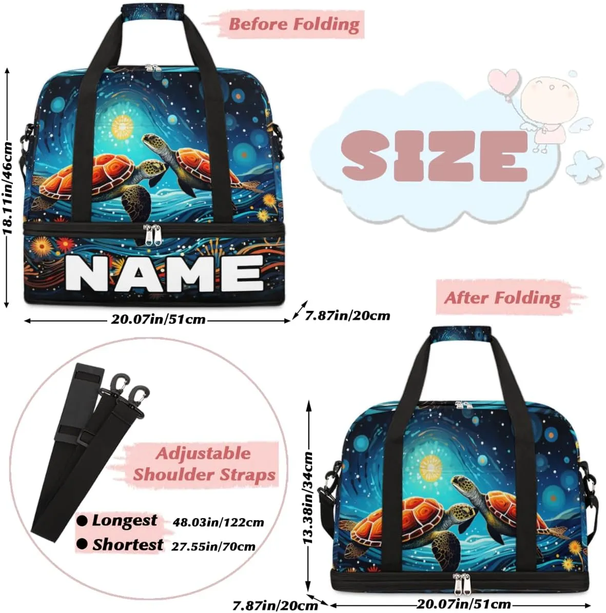 Cool Galaxy Turtle Custom Foldable Duffle Bag with Shoes Compartment Personalized Large Capacity Waterproof Travel Weekender Bag Overnight Bag for Sports Gym