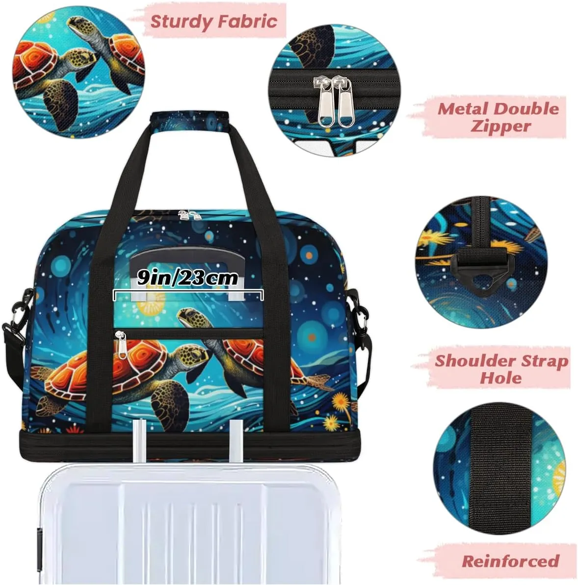 Cool Galaxy Turtle Custom Foldable Duffle Bag with Shoes Compartment Personalized Large Capacity Waterproof Travel Weekender Bag Overnight Bag for Sports Gym