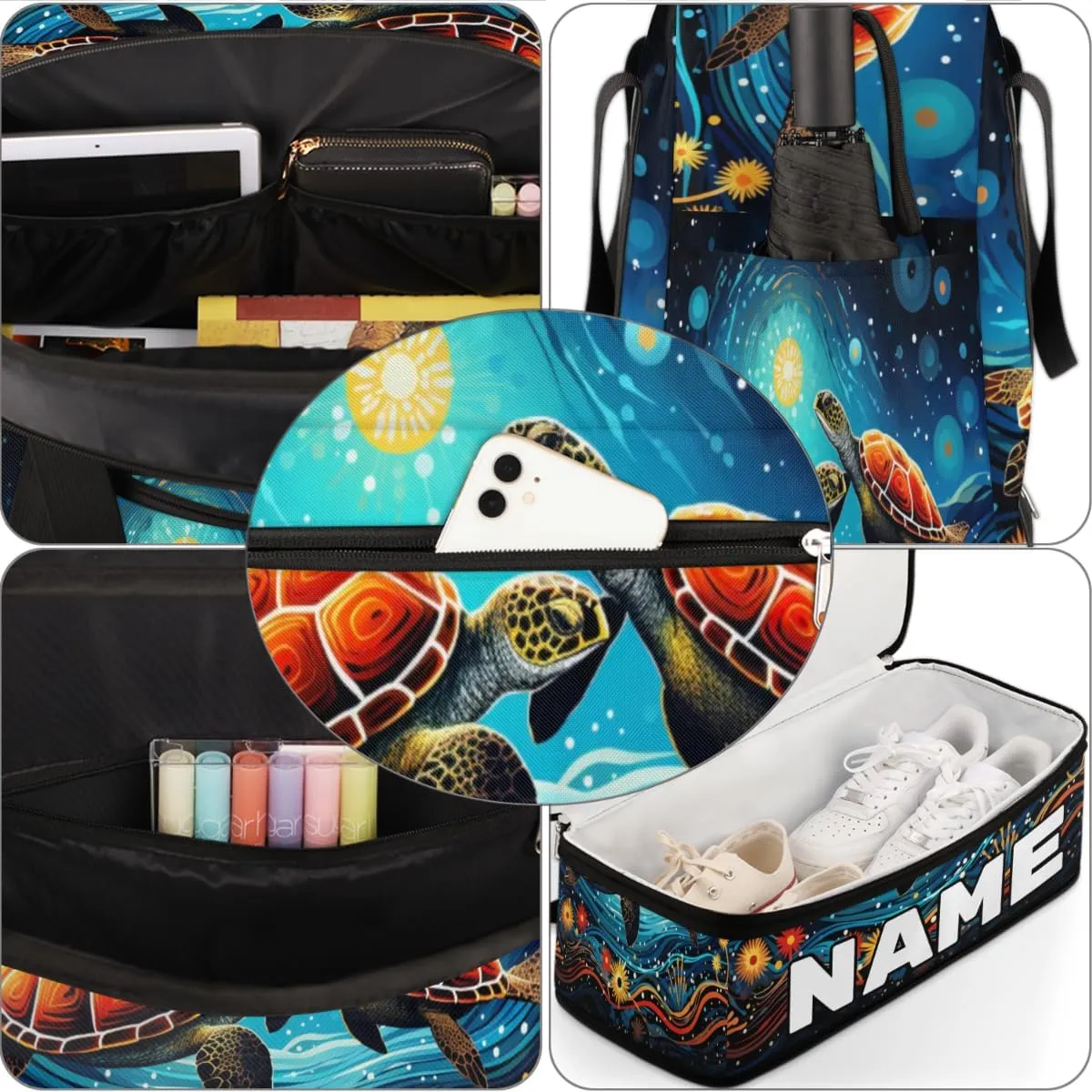 Cool Galaxy Turtle Custom Foldable Duffle Bag with Shoes Compartment Personalized Large Capacity Waterproof Travel Weekender Bag Overnight Bag for Sports Gym