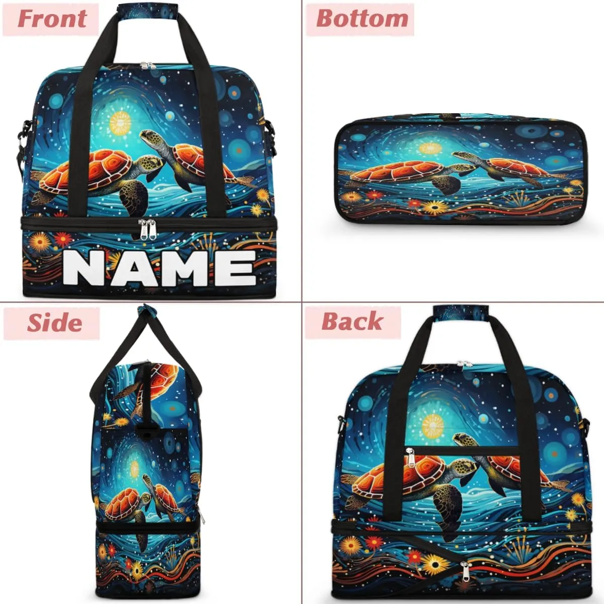 Cool Galaxy Turtle Custom Foldable Duffle Bag with Shoes Compartment Personalized Large Capacity Waterproof Travel Weekender Bag Overnight Bag for Sports Gym