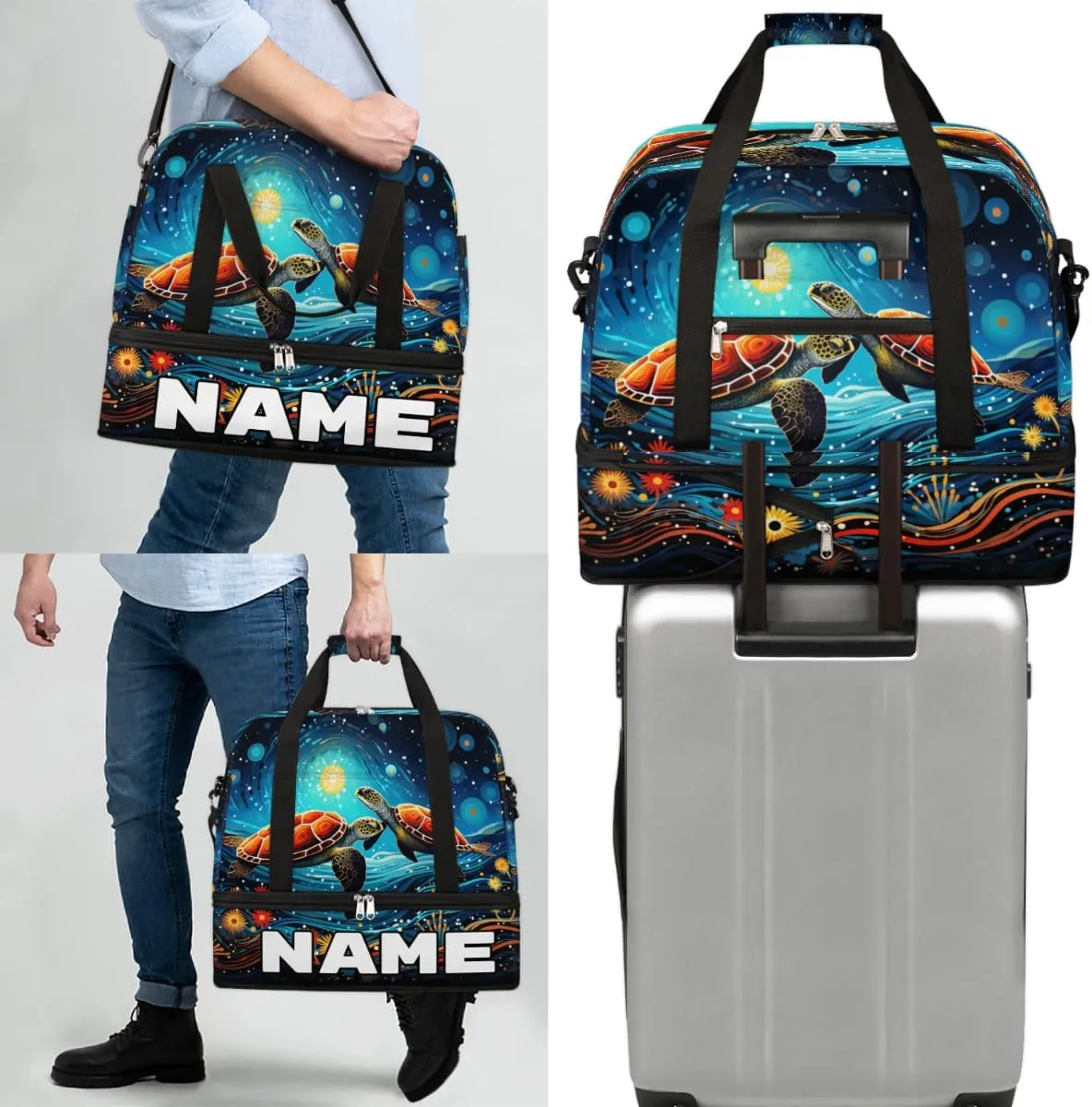 Cool Galaxy Turtle Custom Foldable Duffle Bag with Shoes Compartment Personalized Large Capacity Waterproof Travel Weekender Bag Overnight Bag for Sports Gym