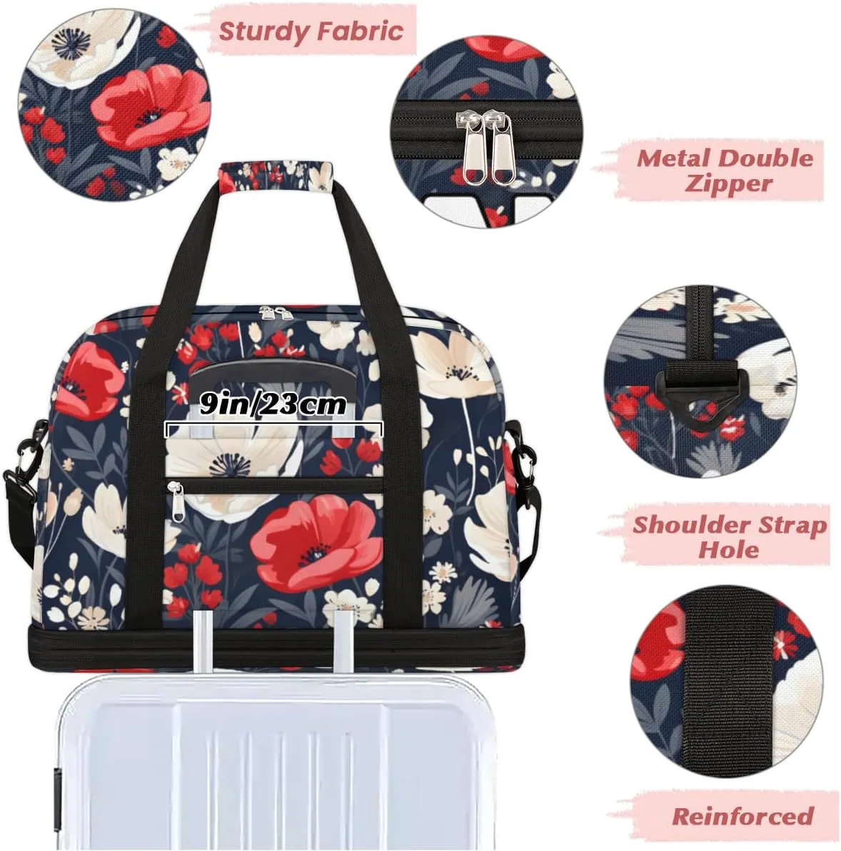 Cool Red Poppy Custom Foldable Duffle Bag with Shoes Compartment Personalized Large Capacity Waterproof Travel Weekender Bag Overnight Bag for Sports Gym