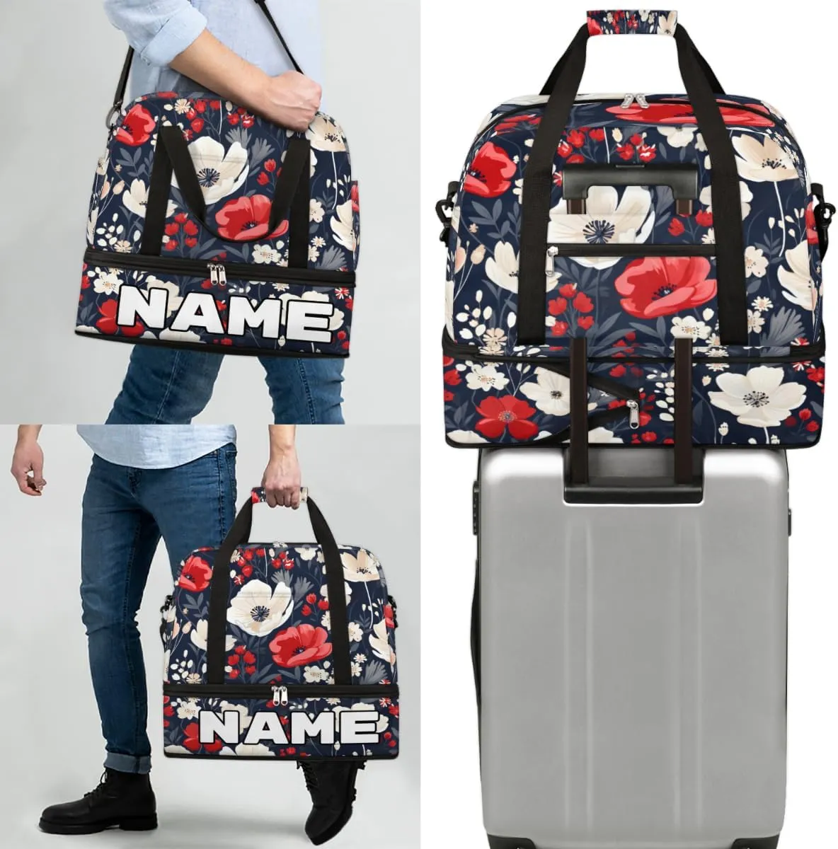 Cool Red Poppy Custom Foldable Duffle Bag with Shoes Compartment Personalized Large Capacity Waterproof Travel Weekender Bag Overnight Bag for Sports Gym