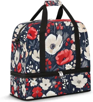 Cool Red Poppy Foldable Duffle Bag with Shoes Compartment Large Capacity Waterproof Travel Weekender Bag Overnight Bag for Sports Gym