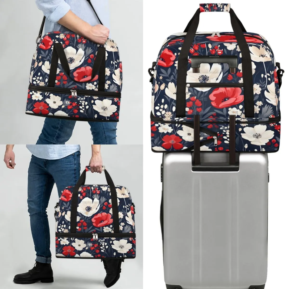 Cool Red Poppy Foldable Duffle Bag with Shoes Compartment Large Capacity Waterproof Travel Weekender Bag Overnight Bag for Sports Gym