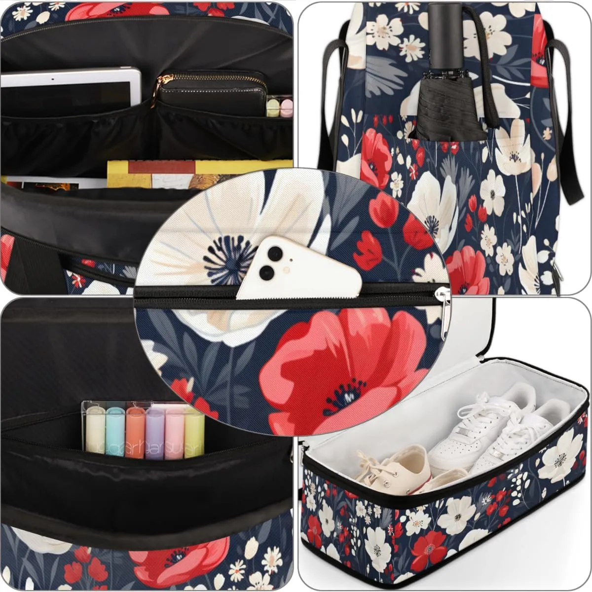 Cool Red Poppy Foldable Duffle Bag with Shoes Compartment Large Capacity Waterproof Travel Weekender Bag Overnight Bag for Sports Gym