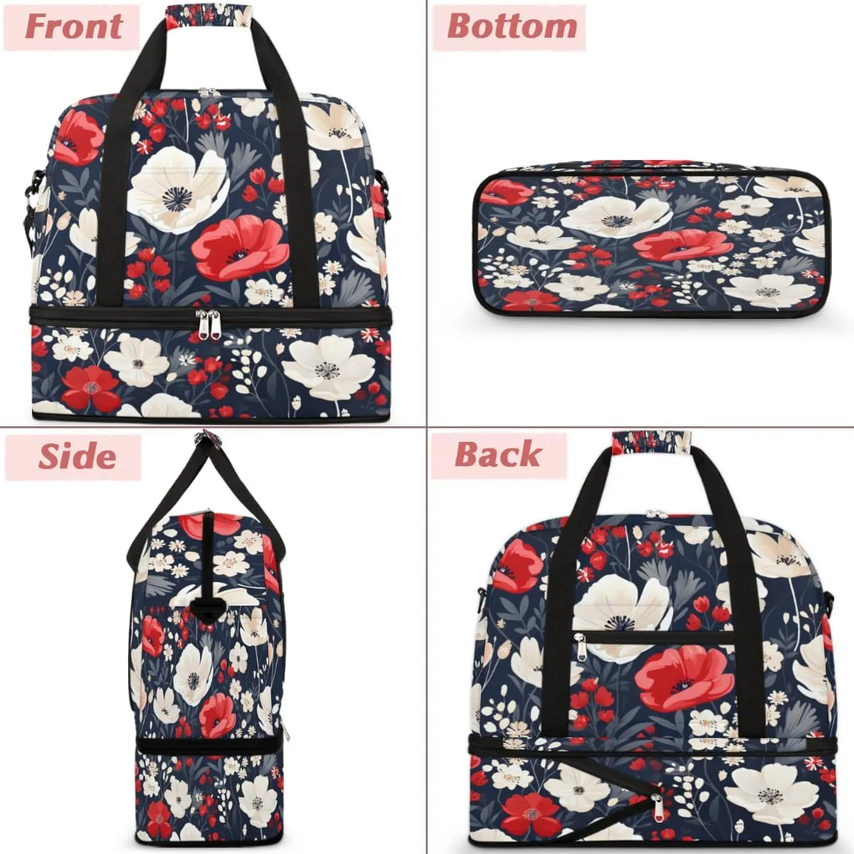 Cool Red Poppy Foldable Duffle Bag with Shoes Compartment Large Capacity Waterproof Travel Weekender Bag Overnight Bag for Sports Gym