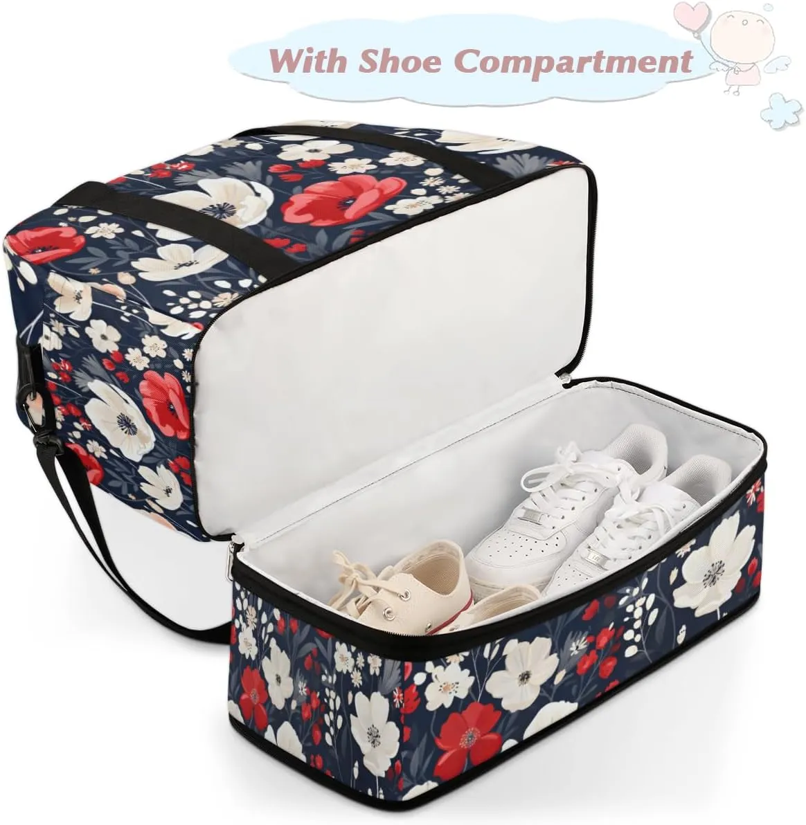 Cool Red Poppy Foldable Duffle Bag with Shoes Compartment Large Capacity Waterproof Travel Weekender Bag Overnight Bag for Sports Gym