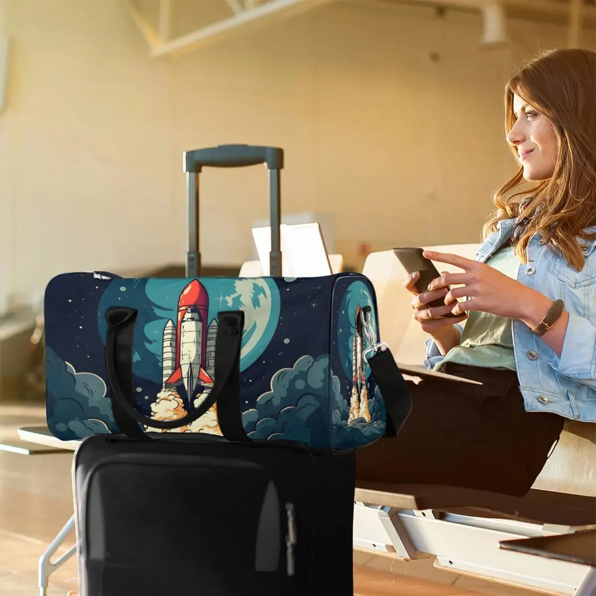 Cool Rocket Galaxy Travel Duffel Bag for Women Men Waterproof Foldable Overnight Weekender Bag Large Capacity Sports Gym Bag