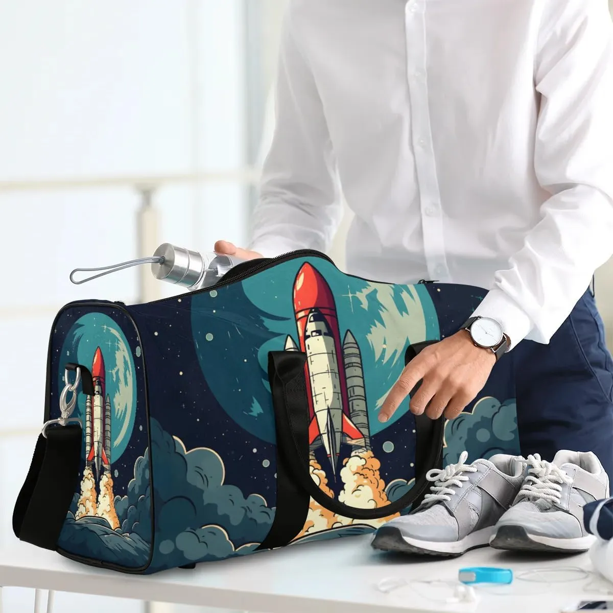 Cool Rocket Galaxy Travel Duffel Bag for Women Men Waterproof Foldable Overnight Weekender Bag Large Capacity Sports Gym Bag
