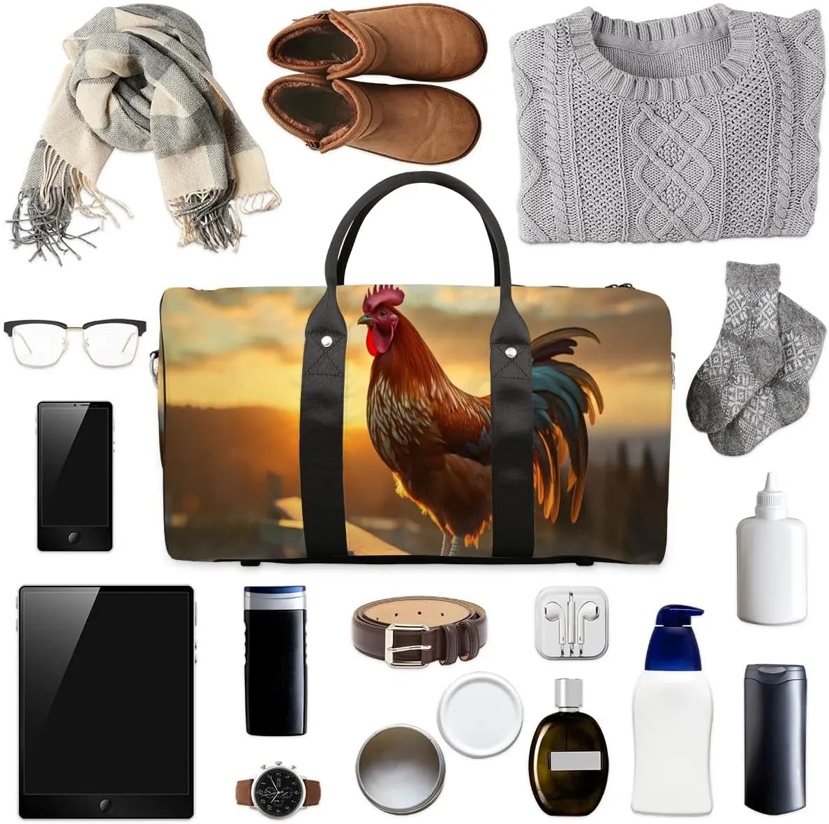 Cool Rooster Print Travel Duffel Bag for Women Men Waterproof Foldable Overnight Weekender Bag Large Capacity Sports Gym Bag