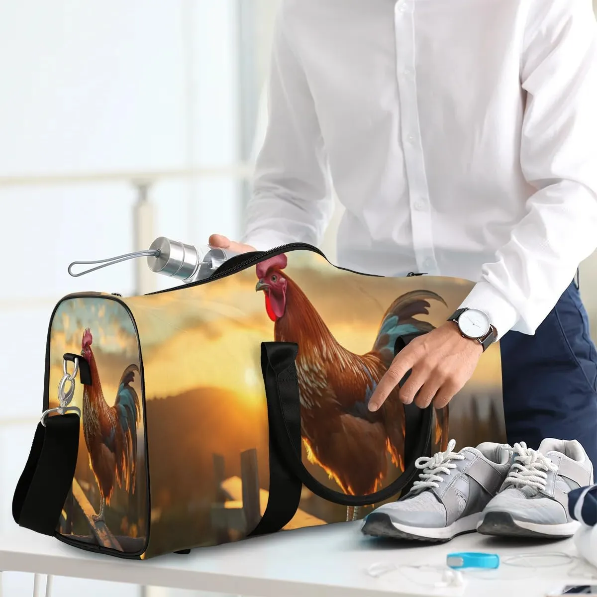 Cool Rooster Print Travel Duffel Bag for Women Men Waterproof Foldable Overnight Weekender Bag Large Capacity Sports Gym Bag