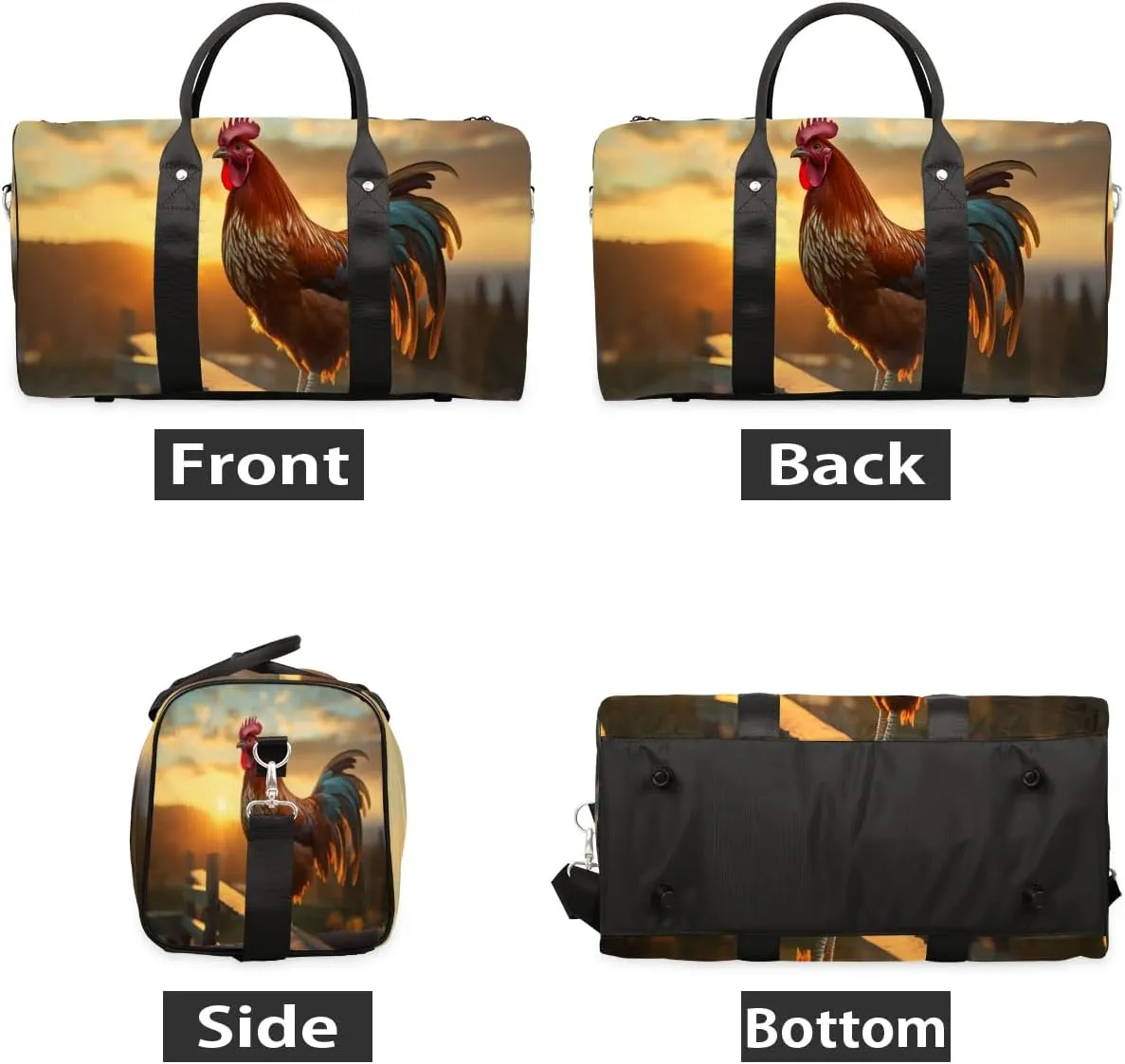 Cool Rooster Print Travel Duffel Bag for Women Men Waterproof Foldable Overnight Weekender Bag Large Capacity Sports Gym Bag
