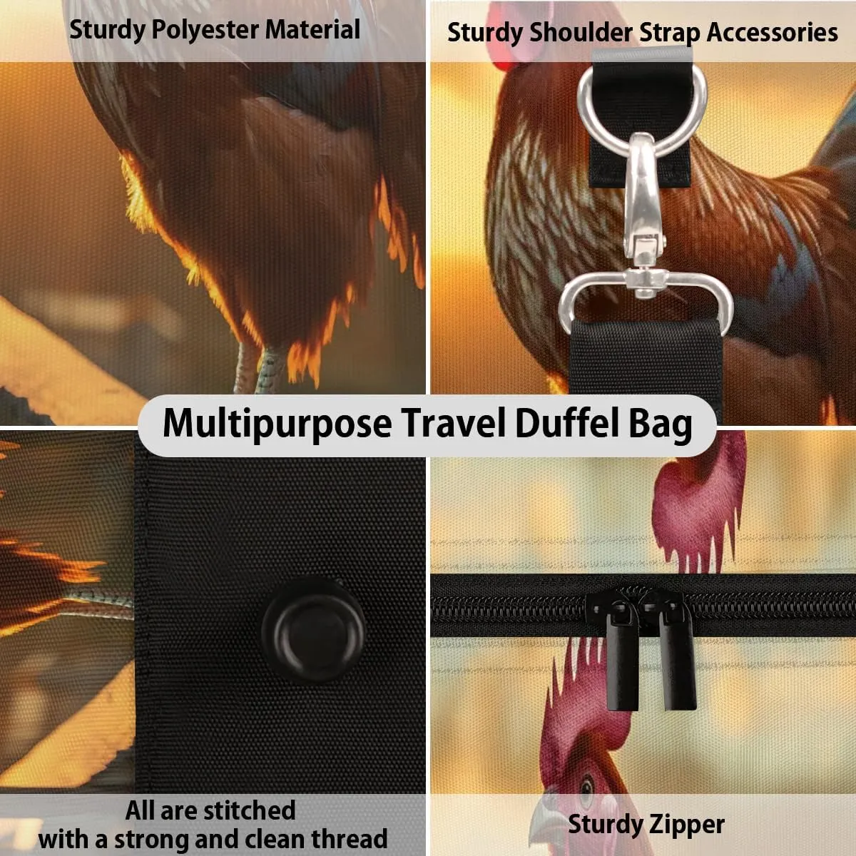 Cool Rooster Print Travel Duffel Bag for Women Men Waterproof Foldable Overnight Weekender Bag Large Capacity Sports Gym Bag