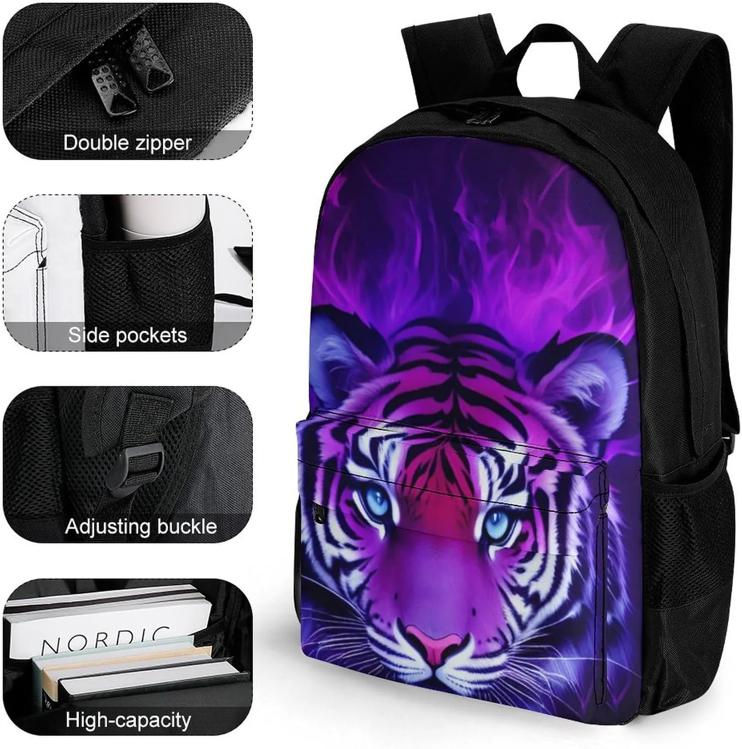 Cool Tiger Head Fire Surreal Style Art Daypack Lightweight Multipurpose Anti-Theft Shoulder Bag Large Capacity Laptop Book Bag Rucksack With Adjustable Shoulder Straps
