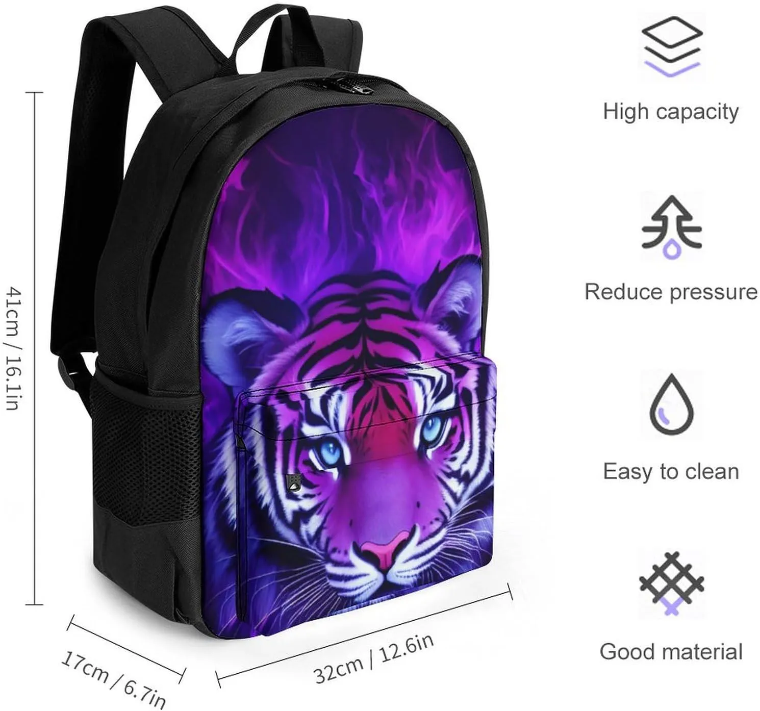 Cool Tiger Head Fire Surreal Style Art Daypack Lightweight Multipurpose Anti-Theft Shoulder Bag Large Capacity Laptop Book Bag Rucksack With Adjustable Shoulder Straps