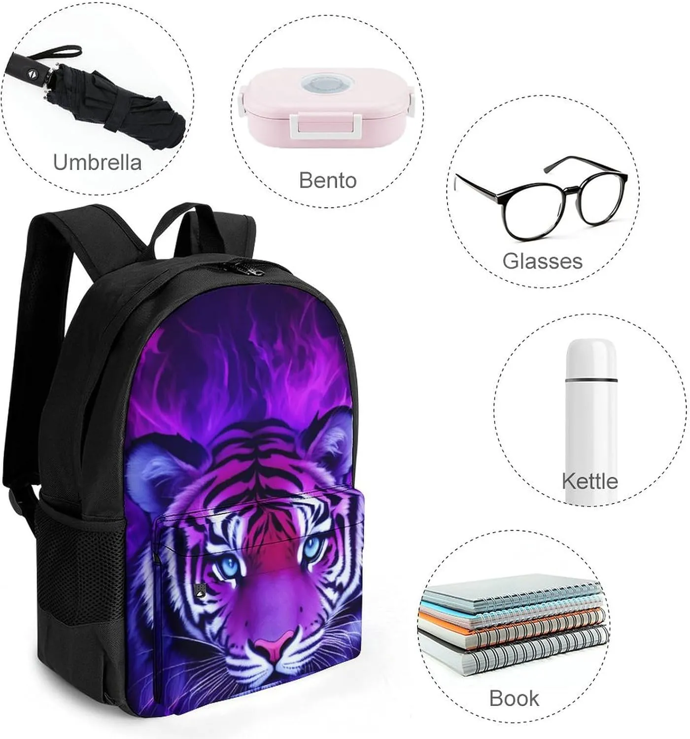 Cool Tiger Head Fire Surreal Style Art Daypack Lightweight Multipurpose Anti-Theft Shoulder Bag Large Capacity Laptop Book Bag Rucksack With Adjustable Shoulder Straps