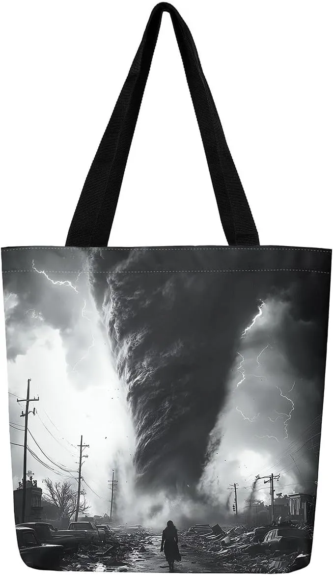 Cool Tornado Handbag Natural Disaster Canvas Tote Bag 3D Tornado Storm Horror Theme Bag