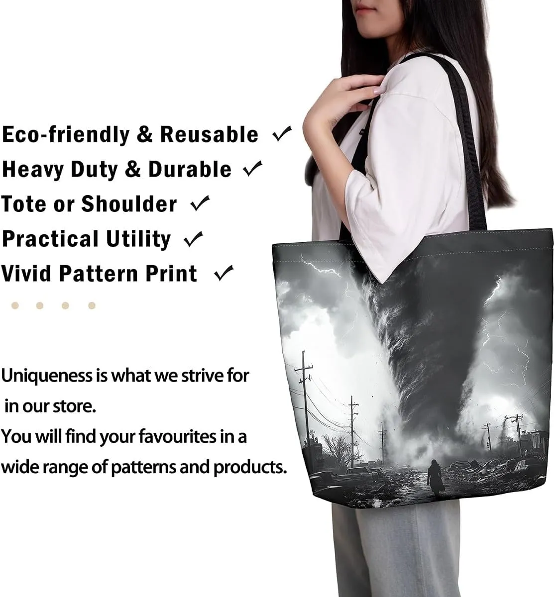 Cool Tornado Handbag Natural Disaster Canvas Tote Bag 3D Tornado Storm Horror Theme Bag