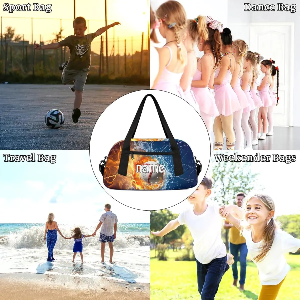 Cool Water Fire Lightning Baseball Custom Name Kids Duffle Bag for Boys, Personalized Sports Gym Duffel Lightweight Water Resistant Foldable Sports Gym Bag Weekender Overnight Sleepover Carry On Bag