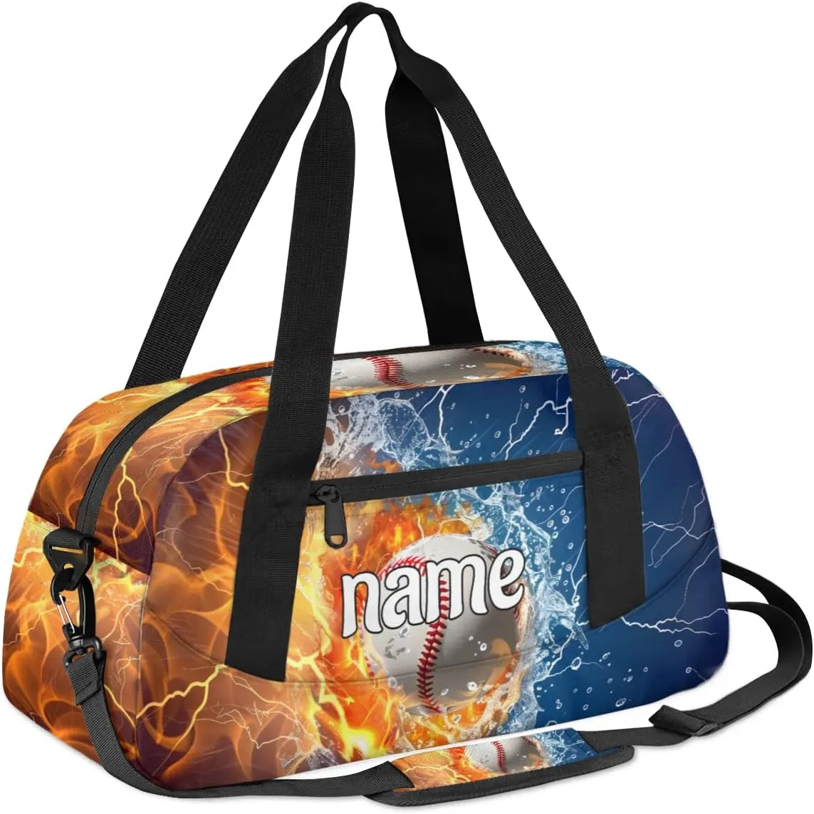 Cool Water Fire Lightning Baseball Custom Name Kids Duffle Bag for Boys, Personalized Sports Gym Duffel Lightweight Water Resistant Foldable Sports Gym Bag Weekender Overnight Sleepover Carry On Bag