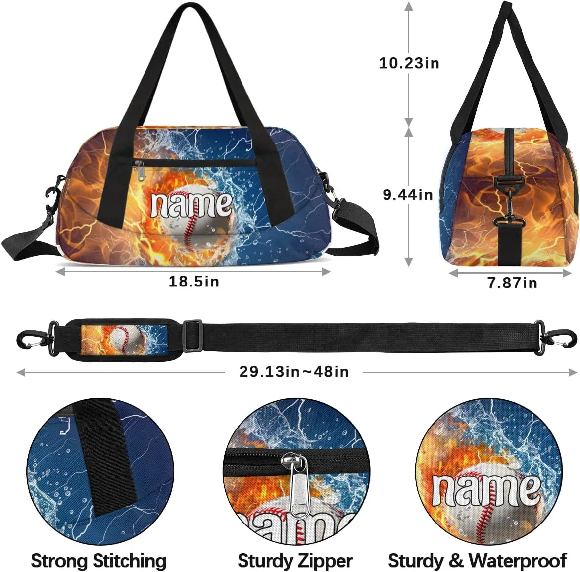 Cool Water Fire Lightning Baseball Custom Name Kids Duffle Bag for Boys, Personalized Sports Gym Duffel Lightweight Water Resistant Foldable Sports Gym Bag Weekender Overnight Sleepover Carry On Bag