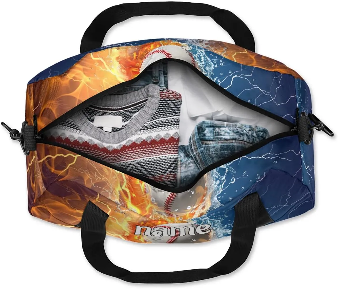 Cool Water Fire Lightning Baseball Custom Name Kids Duffle Bag for Boys, Personalized Sports Gym Duffel Lightweight Water Resistant Foldable Sports Gym Bag Weekender Overnight Sleepover Carry On Bag