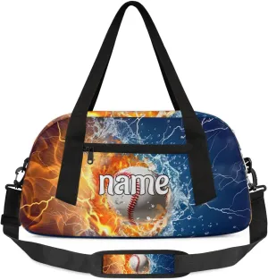 Cool Water Fire Lightning Baseball Custom Name Kids Duffle Bag for Boys, Personalized Sports Gym Duffel Lightweight Water Resistant Foldable Sports Gym Bag Weekender Overnight Sleepover Carry On Bag