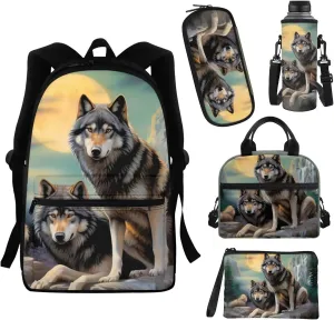 Cool Wolf Backpack Set for Boys 8-12 Kids School Bag With Lunch Box Set Pencil Case Coin Purse 16oz 24oz 32oz Water Bottle Sleeve Teens Bookbags for 5th 6th Grade Girls Student Back Packs