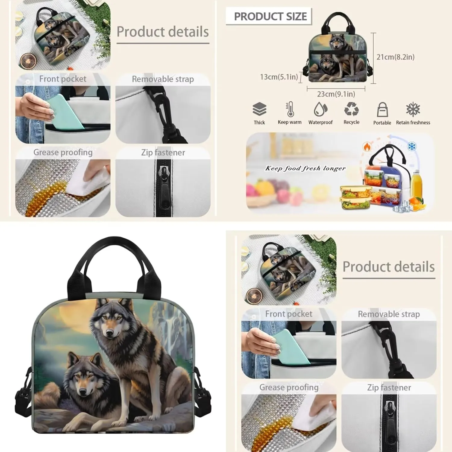 Cool Wolf Backpack Set for Boys 8-12 Kids School Bag With Lunch Box Set Pencil Case Coin Purse 16oz 24oz 32oz Water Bottle Sleeve Teens Bookbags for 5th 6th Grade Girls Student Back Packs