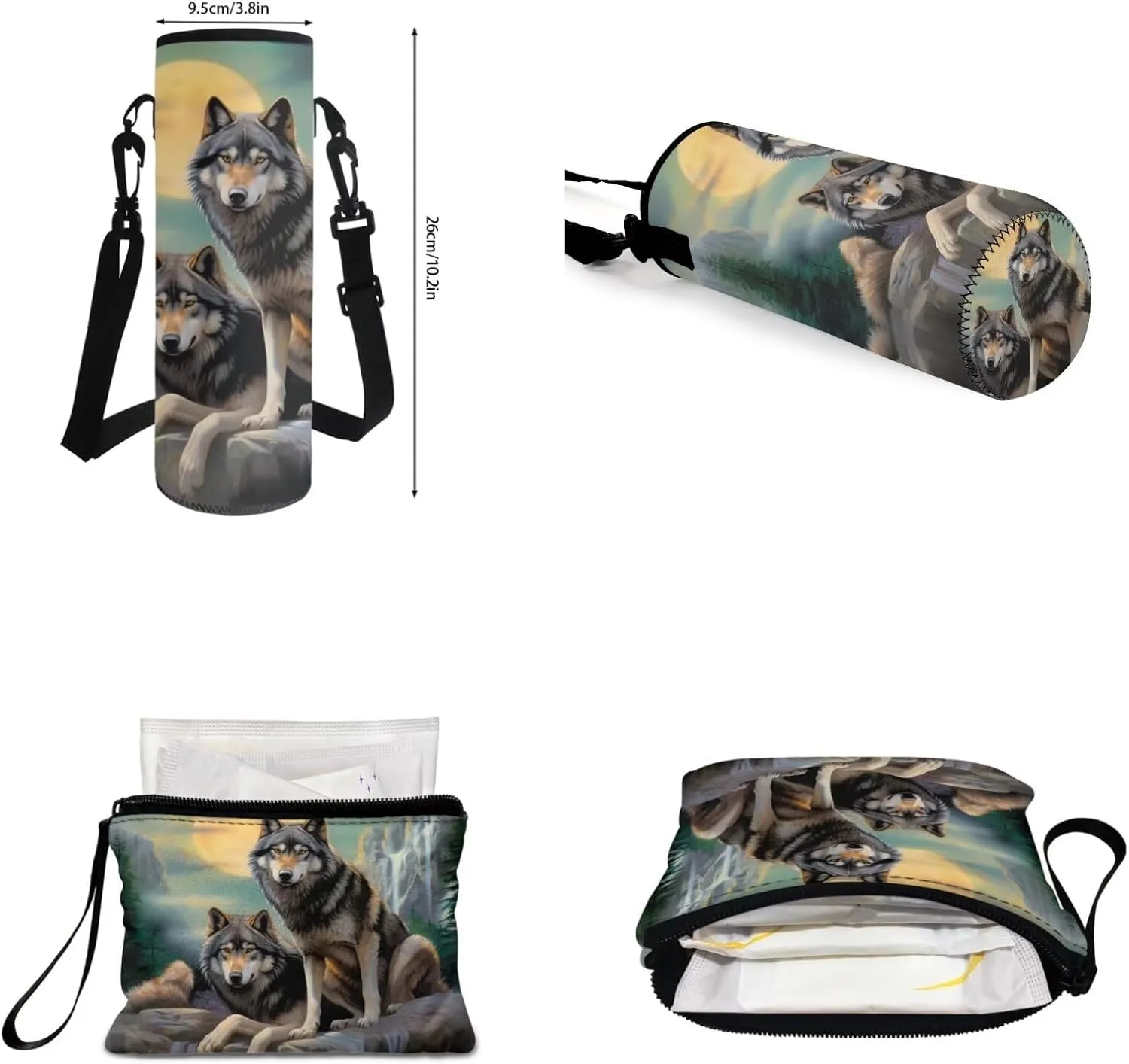 Cool Wolf Backpack Set for Boys 8-12 Kids School Bag With Lunch Box Set Pencil Case Coin Purse 16oz 24oz 32oz Water Bottle Sleeve Teens Bookbags for 5th 6th Grade Girls Student Back Packs